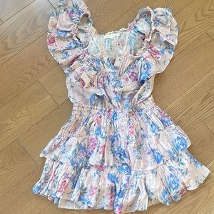 Loveshackfancy mini dress pastel pink with blue and magenta flowers